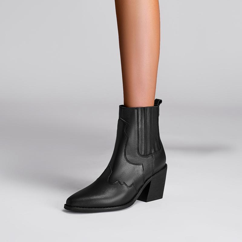Fashion Kaky's New Cowhide Thick High Heel Pointed Large Women's Shoes Short Boots