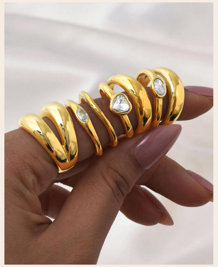 Chunky Zirconia Dome Ring for Women, Double Layered Stainless Steel Bold Stacking Croissant Statement Ring Jewelry