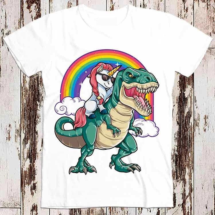 8753 Unicorn Riding Dinosaur T Rex Funny Party Rainbow Best Gift Top Tee T Shirt M