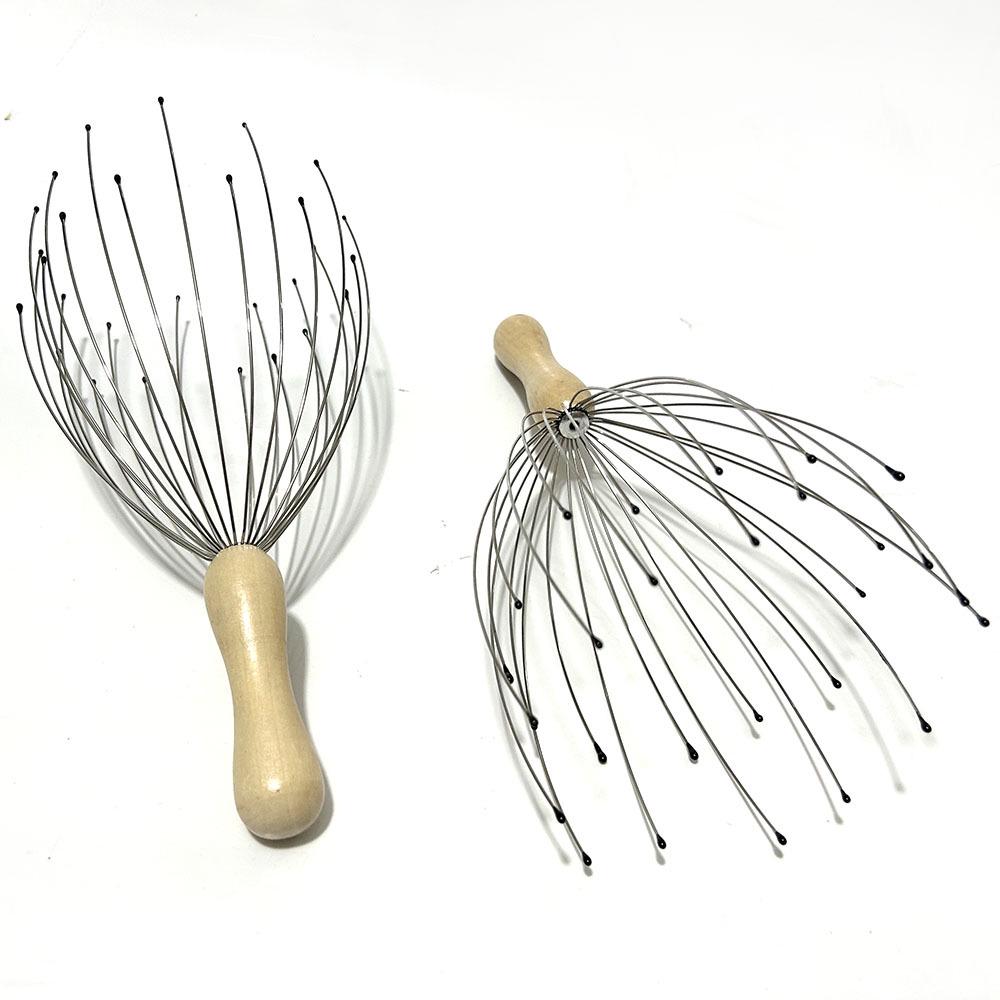 Drewniany masażer do skóry głowy Ośmiornica z 28 kolcami i 24 chwytakami z rączką z litego drewna