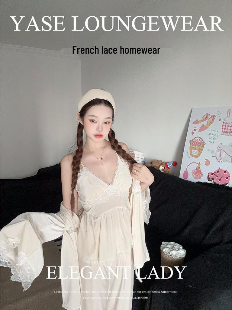 Lusi's French Gold Velvet Sexy Pajama Set: Camisole, Long Sleeve, and Long Pants.