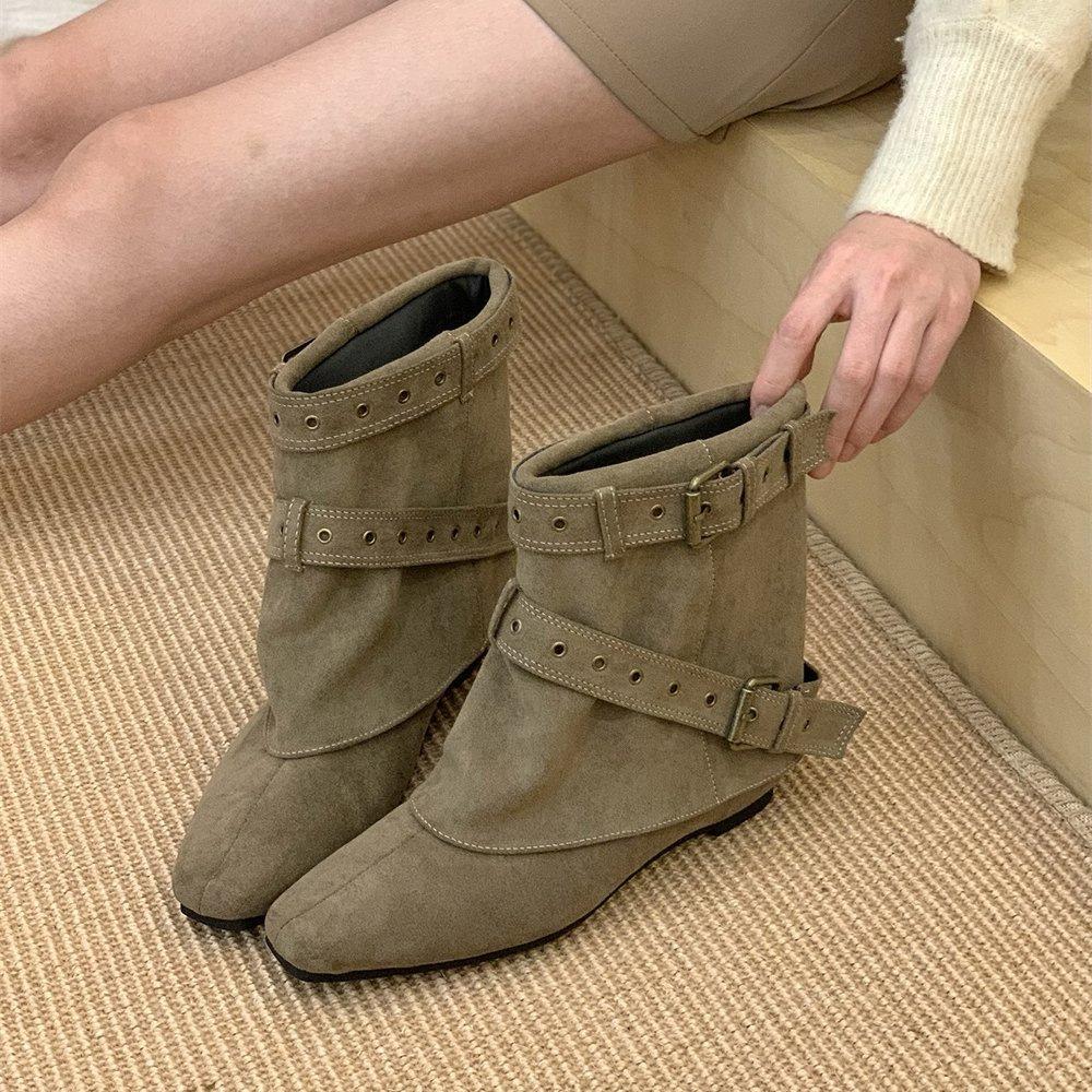 American Spice Girls Belt Buckle Pants Boots Fashion Western Cowboy Boots Autumn and Winter Retro Square Martin Boots