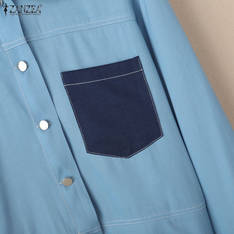 ZANZEA Damska bluzka casualowa z długim rękawem, patchworkowa, z kołnierzykiem