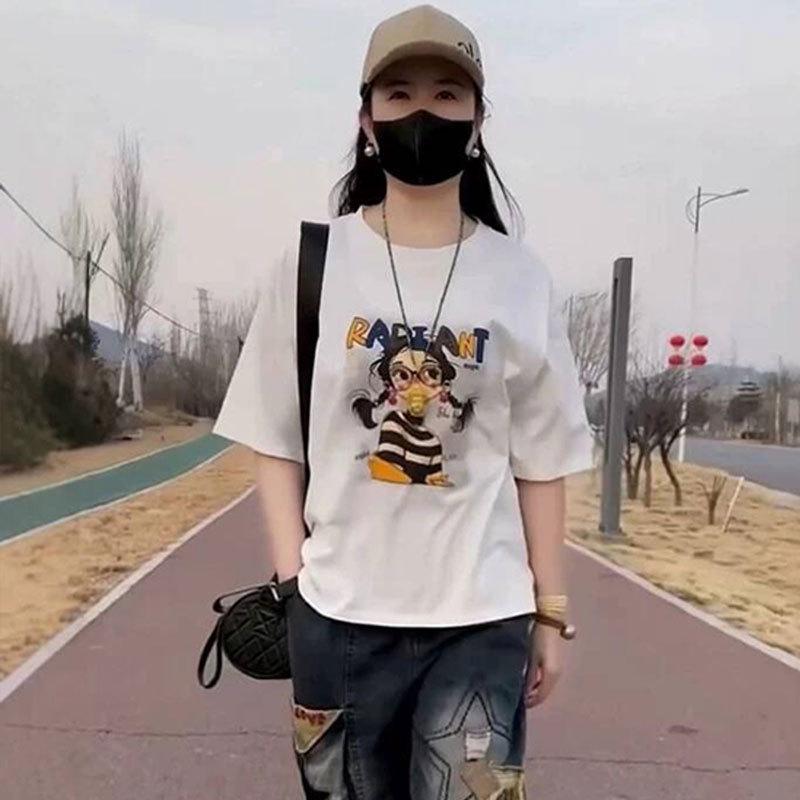 Damen Locker Geschnittenes T-Shirt mit Cartoon-Mädchen-Print, Kurzarm - 2025 Sommer Casual Rundhals-Oberteil