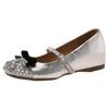 Silver single shoes women's summer new rhinestone retro shallow mouth flat bottom inner height increase Mary Jane small leather shoes