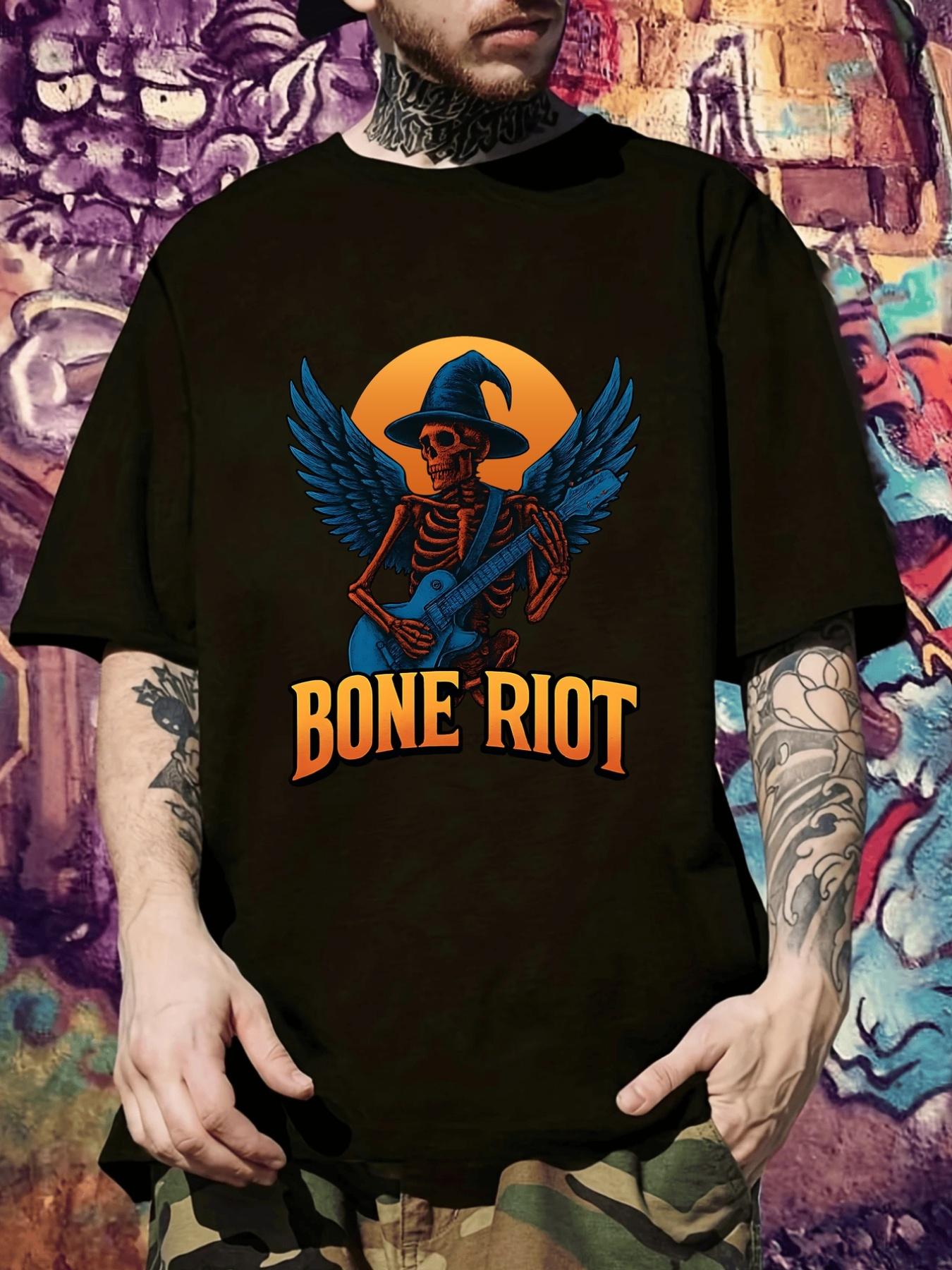 

Black Graphic Print T-shirt - Edgy Skeleton Wizard with BONE RIOT Design - Soft Everyday Tee for Concerts S