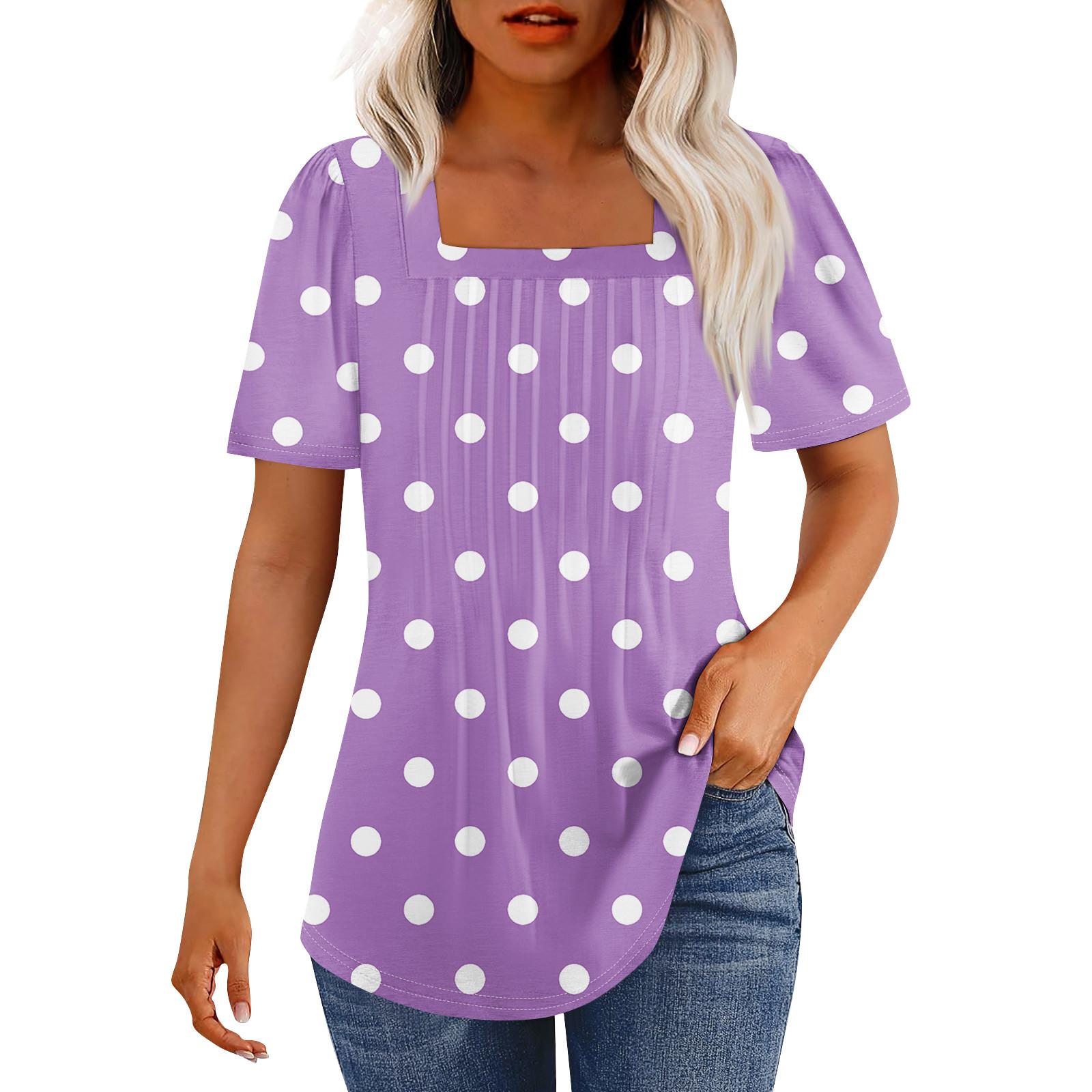 

T Shirts For Women Pleated Square Neck Dressy Casual Blouses Printing Short Sleeve Summer Tops Loose Fit XXXL фіолетовий