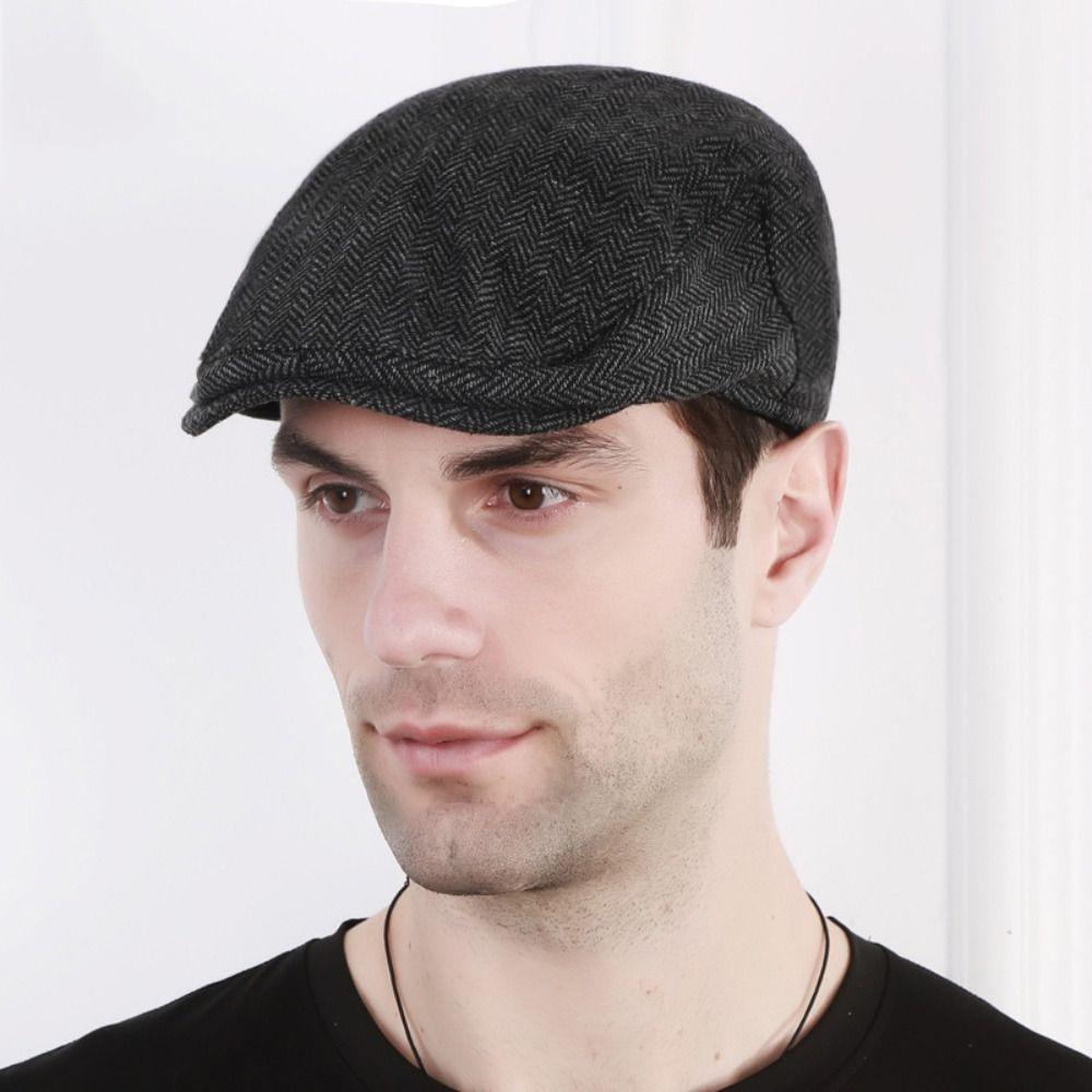 Flat Top Painter Hat Herringbone Newsboy Cap Casual Men Beret  Male