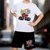 Boys 2 Piece Cartoon Car Printed Outfit, Short Sleeve T-Shirt and Shorts Set for Kids Age 5-14,White Sporty Casual Summer Clothes