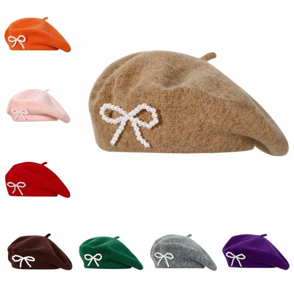 Knitted Bow Beret Solid Color Beanie Cap Streetwear Wool Beret  Street Photography