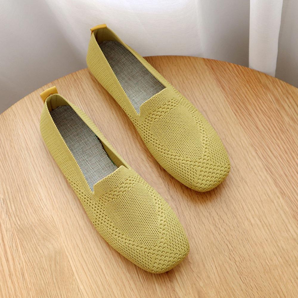 Fashion Womens Knitted Fabric Flat Shoes 2025 Spring Autumn Square Toe Soft Sole Comfortable Big Size Flats Shoe Women Ladies Shoes