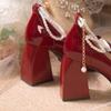 Fashion Pearl Strap High Heels Pumps Women Patent Leather Crystal Bowknot Party Shoes Woman Square Toe Thick Heel Mary Janes