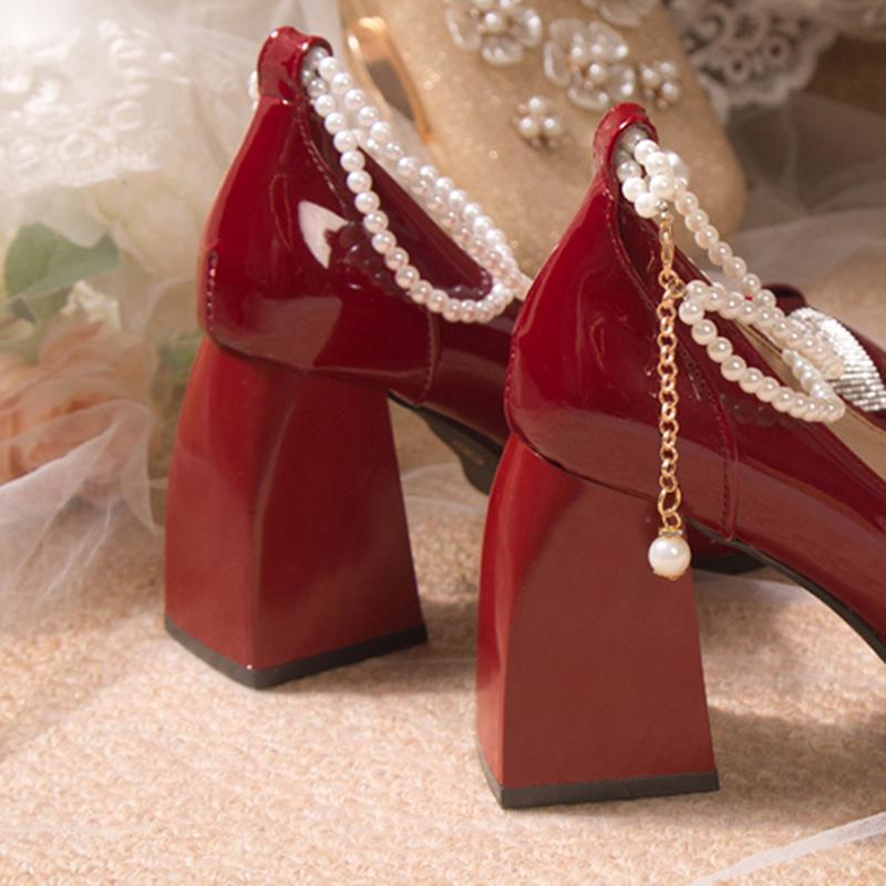 Fashion Pearl Strap High Heels Pumps Women Patent Leather Crystal Bowknot Party Shoes Woman Square Toe Thick Heel Mary Janes