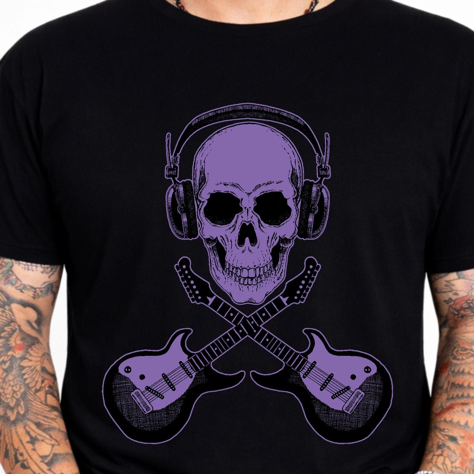 Skull Headphones T-Shirt Crossed Guitars Rock Music Punk Gothic Band Tee. XL