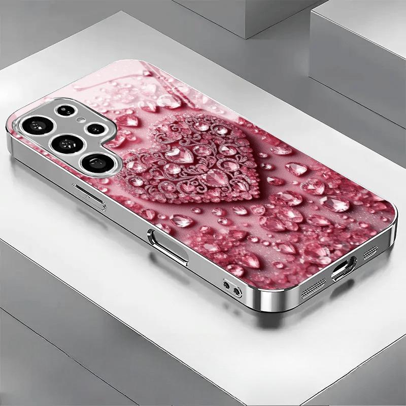

Позолоченный чехол для телефона из закаленного стекла, совместимый с Galaxy S26 S25 S24 S23 S22 Ultra Plus. Имеет дизайн в виде розового сердца с драгоценным камнем. For Galaxy S26
