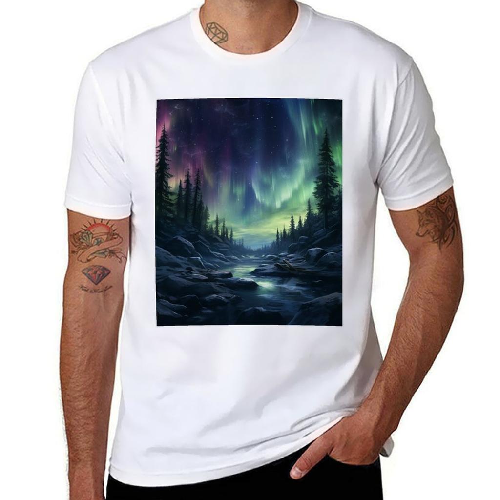 Aurora Borealis Aurora Nothern Lights Winter Scene Tshirt Basic Regular Fit Casual Tshirt