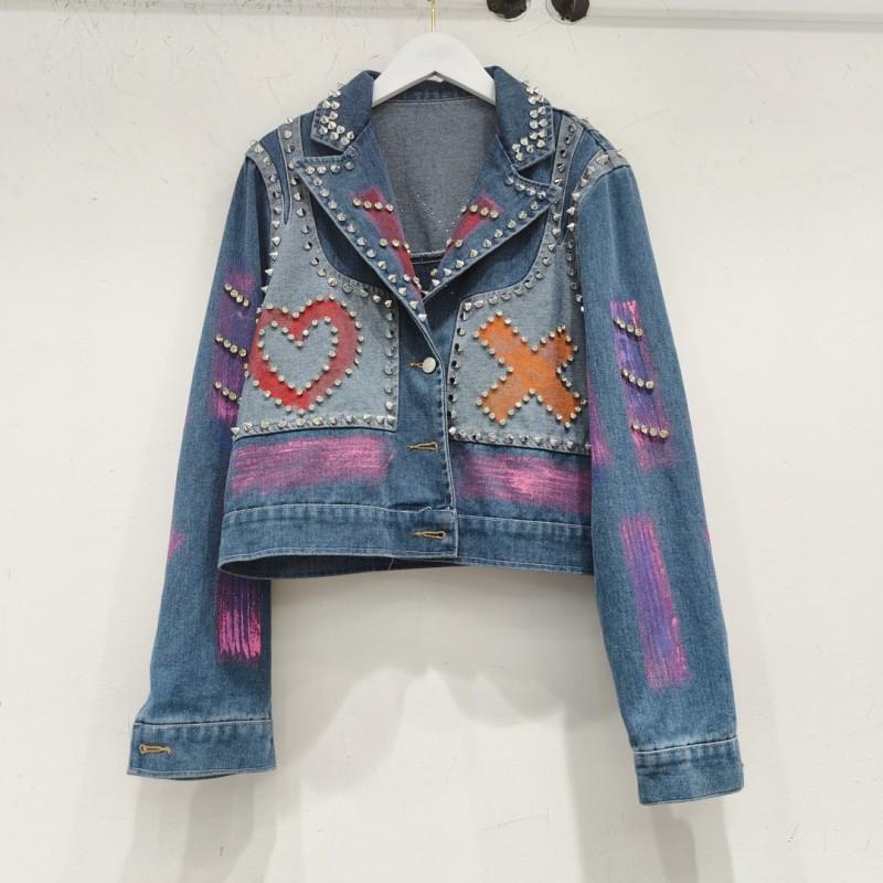 Thai Street Hand-painted Beaded Loose Fitting Short Denim Jacket Women