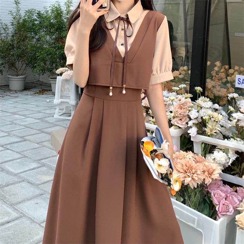 Damen Retro Patchwork Petite Sommerkleid: College-Stil, Kurzärmelig, Übergröße, Lockere Passform, Schlankmachender Zweiteiler-Look