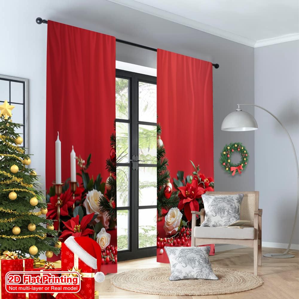 2pcs 2D Flat Printing Merry Christmas Popular Drapes Christmas Poinsettia Roses Candles Polyester Without Electricity Birthday