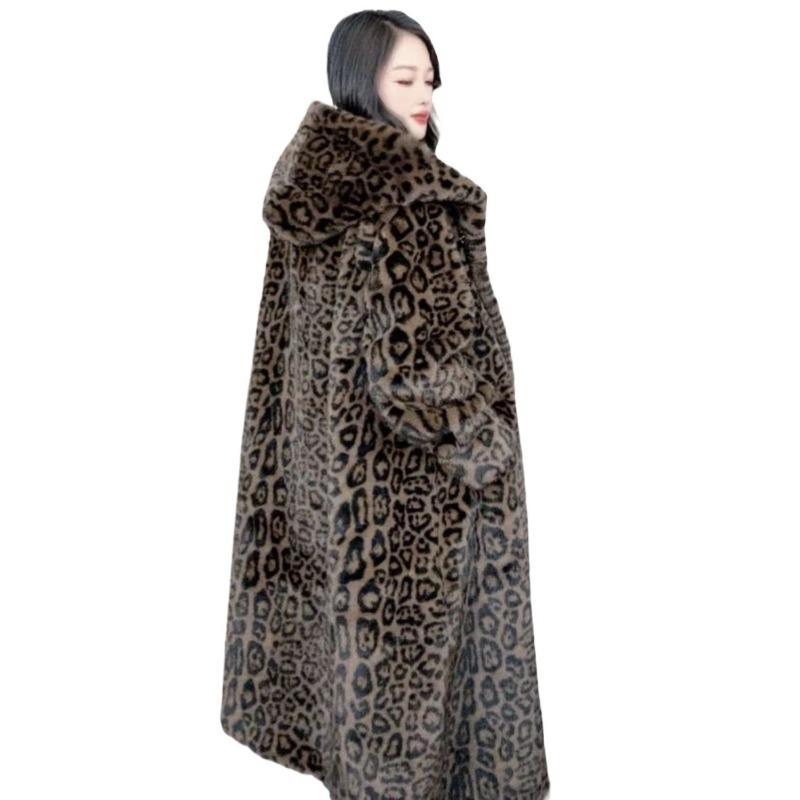 Autumn and winter new hooded environmentally friendly fluffy imitation mink fur leopard print plus long knee loose fashion coat