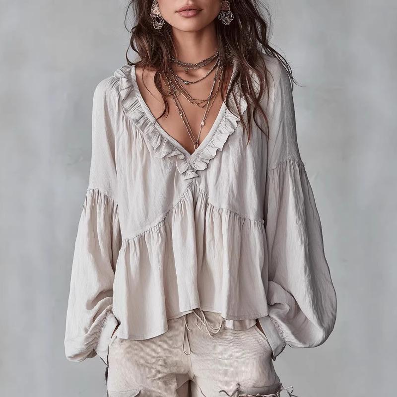 Casual Sweet V Neck Puff Sleeve Pleated Long Sleeve Women Shirt Top