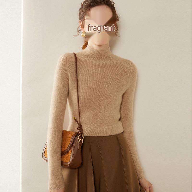Women's Ribbed Cashmere Half-High Neck Sweater, Slimming Pullover, Long Sleeve Base Layer, Warm Knit Underlayer.