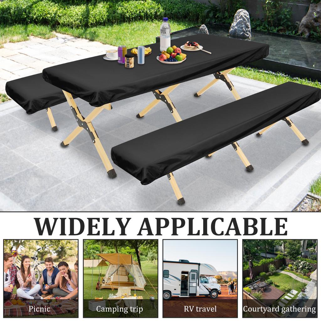 Picnic Table Cover Polyester Waterproof Windproof Tablecloth with Bench Cover Reusable Fitted Tablecloth Outdoor Dust Cover