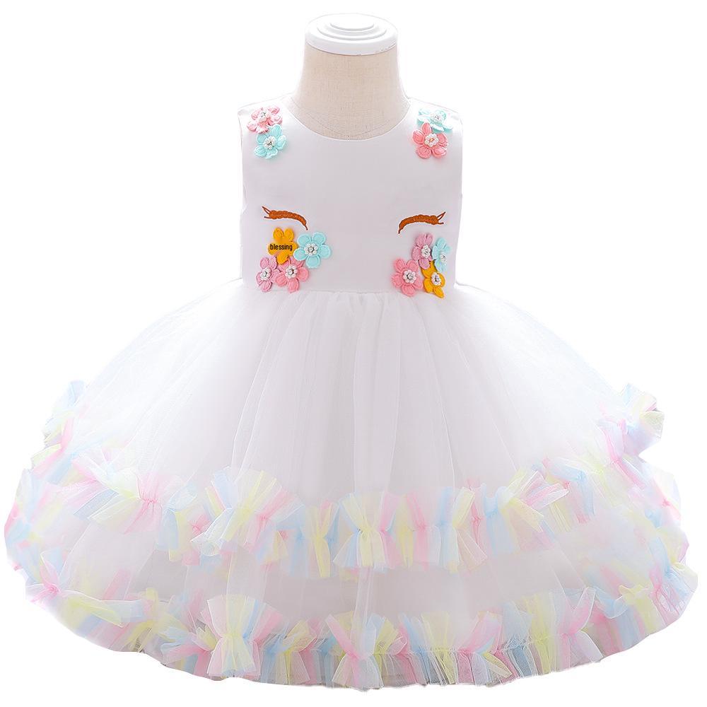 

Children s Formal Unicorn Dress with Applique Embroidery and Pearl Mesh Skirt 100 cm белый