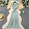Summer Women Casual O-neck Sleeveless Hollow Out Knitted Sweater Slim Bodycon Fishtail Dresses
