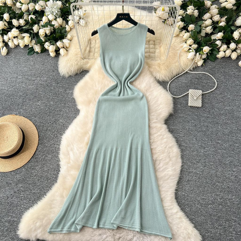 Summer Women Casual O-neck Sleeveless Hollow Out Knitted Sweater Slim Bodycon Fishtail Dresses