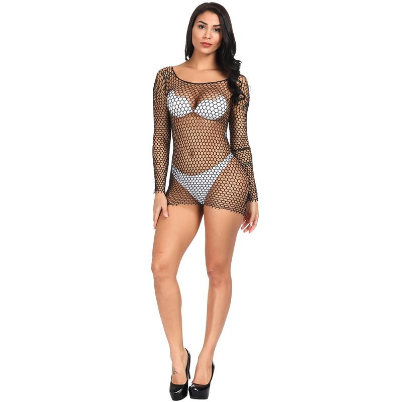 Sex underwear sexy sexy long-sleeved hip leakage skirt hollow mesh
