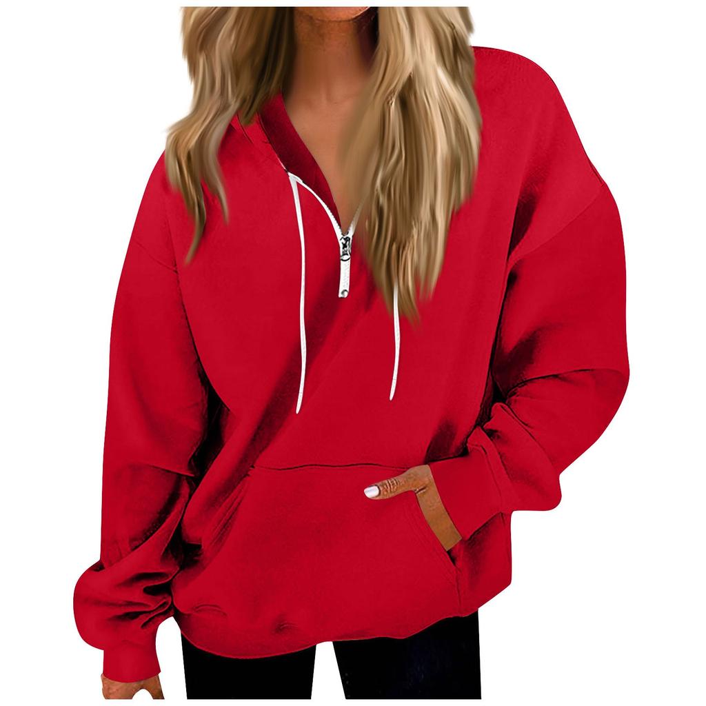 Women's Fashion Long Sleeve Solid Color Zipper Hooded Sweatshirt Top