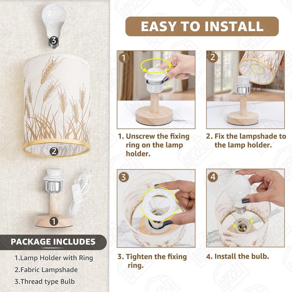 Noční lampička - Stolní lampička na čtení k posteli s dřevěnou základnou s motivem pšenice na noc, do ložnice, obývacího pokoje, domov a dekorace