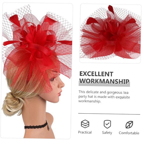 Fascinator Hat Mesh Wedding Hat for Women with Hair Clip and Headband, Red Cocktail Party Flapper Accessory for Tea Party and Special Occasions