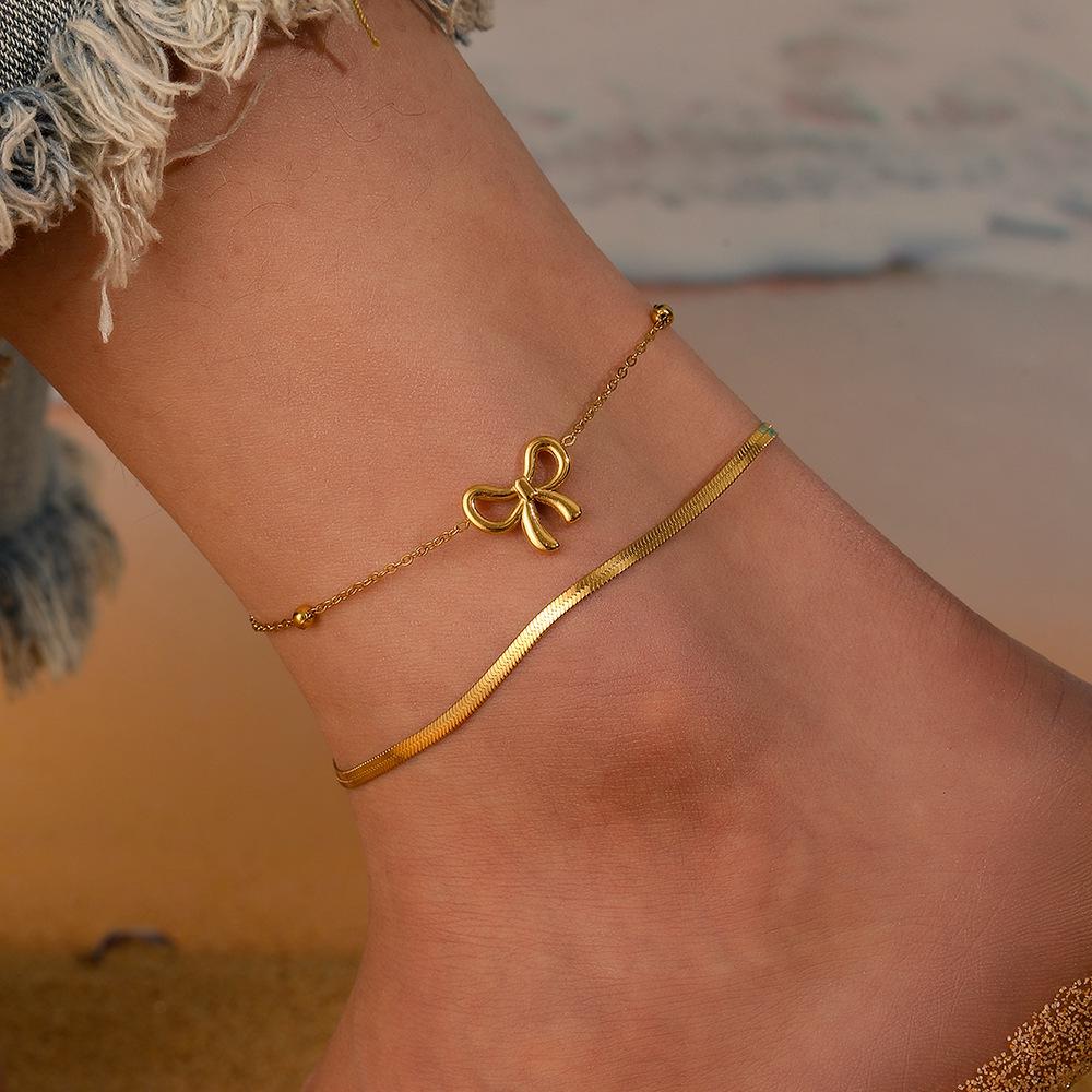Cross Stainless Steel Double-Layer Bow Knot Anklet with Colorfast 18K Electroplated Bead Clasp