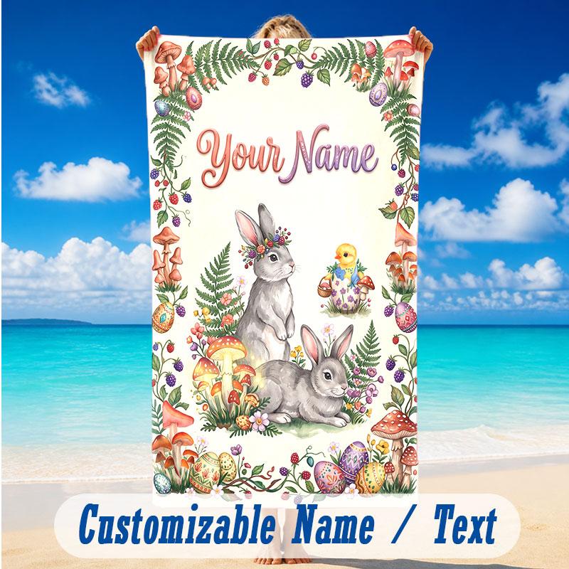 Easter Bunny Theme Beach Towel Personalized Custom Name & Text Soft Quick Dry Beach Towel for Swimming Travel