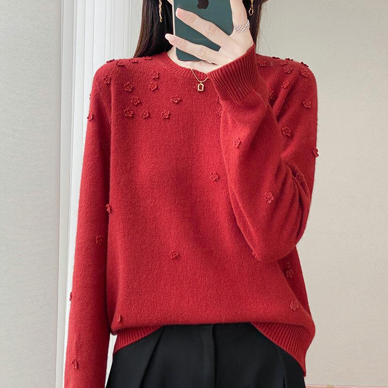 2025 Autumn/Winter Women's Pure Wool Embroidered Round Neck Knitwear Sweater: Long Sleeve, Loose Fit