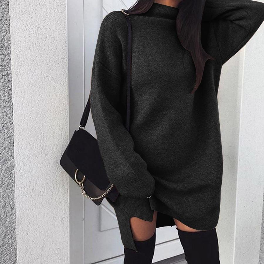 New European and American Leisure Oversized Knit High Collar Pleated Dress for Women