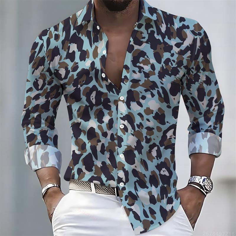 Men's Leopard Print Long-sleeved Shirt, Trendy Retro Slim-fit Turn-down Collar Casual and Stylish Men's Shirt, Sizes