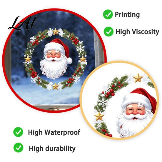 Waterproof PVC Ornaments Christmas Window Clings Cute Santa Claus Wreath Sticker Cartoon Holiday Glass Decals Static Decal for Office Shop
