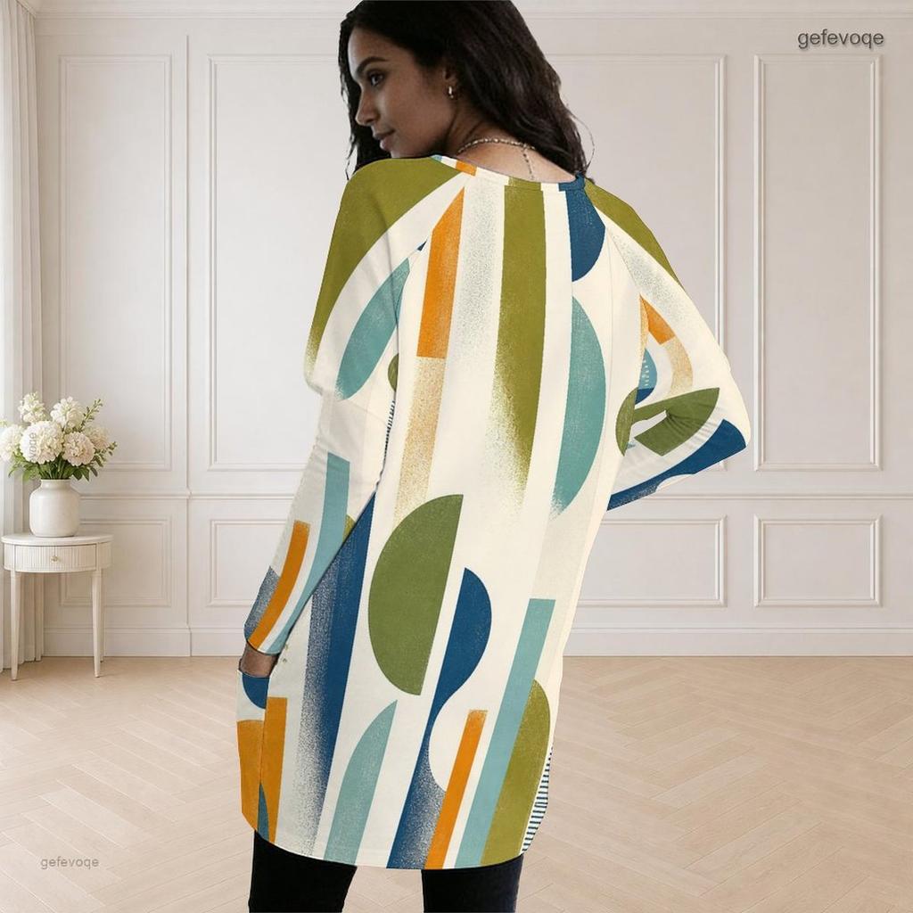 Women Plus Size Round Neck Long Sleeve Pink Black Geometric Printed Loose Longline Top With Pockets