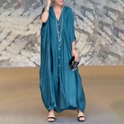 Yousheng Women Maxi Dress V-Neck Buttoned Placket Batwing Sleeves Shirt Dress Solid Color Loose Cut Satin Casual Dress