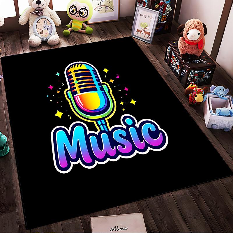 Colorful Microphone Music Design Carpet with Black Background Suitable for use as an anti-slip for living room bedroom sofas