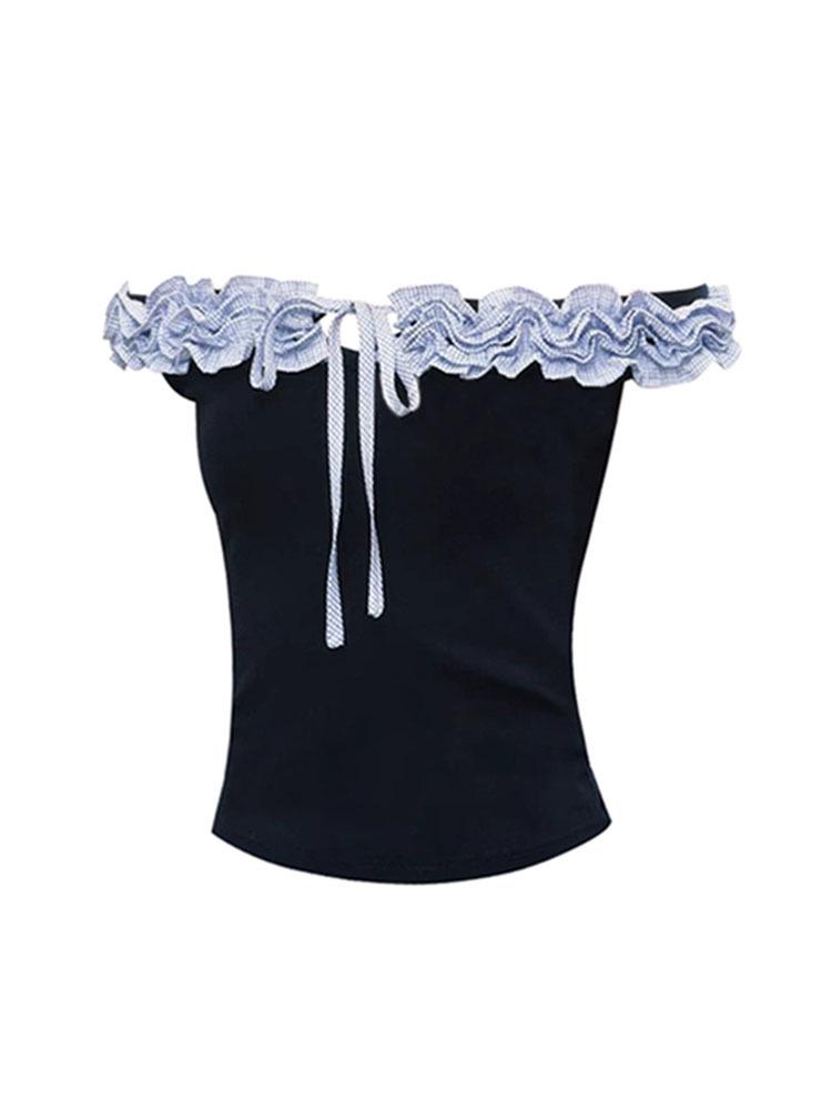 Koreanisches schulterfreies Kurzarm-Sommertop mit Spitze und Schleife für Damen