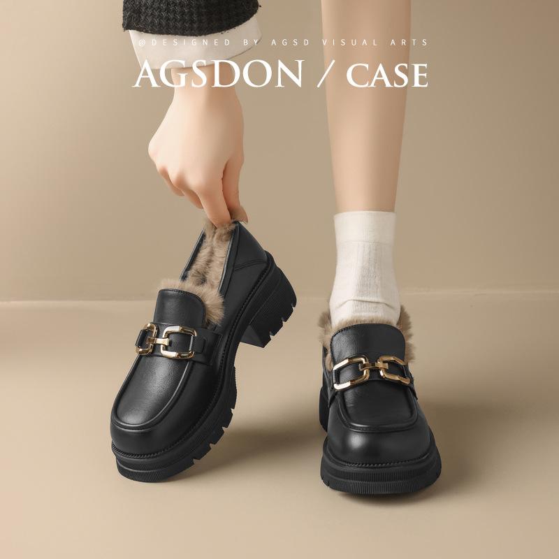 Black new autumn and winter platform British style small leather shoes velvet cotton shoes single shoes