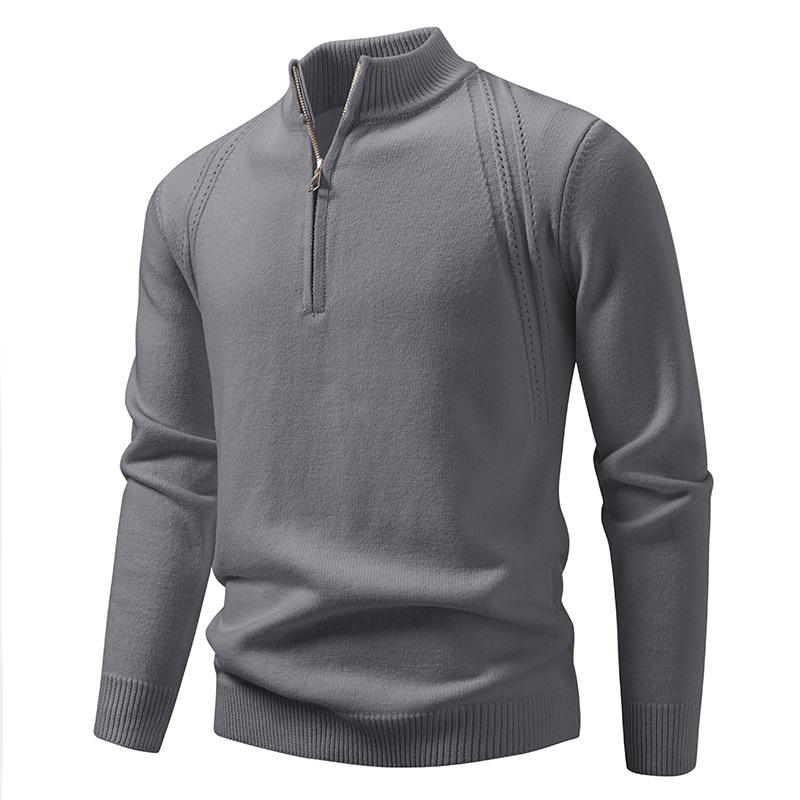 Men's Solid Color Stand Collar Half-Zip Sweater for Autumn/Winter - European & American Casual Knit Pullover