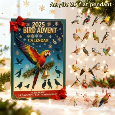 Calendário do Advento de Pássaros 2025 24 Dias Calendário de Contagem Regressiva para o Natal com Decoração Pendente de Pássaro 2D Acrílico Presentes de Feriado para Crianças Amantes de Pássaros