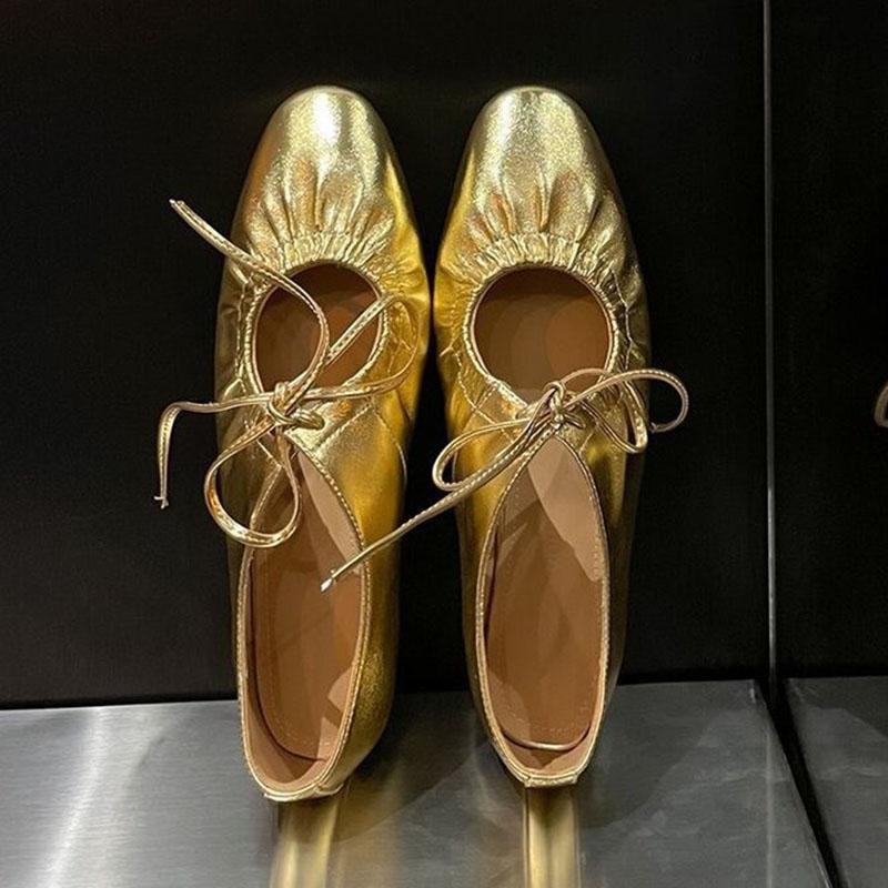New Women's Soft Sole Ballet Flats Microfiber Leather Thin Shoes Fashion Square-toe Stretch Pleats Pumps Lace-up Mary Jane Shoes