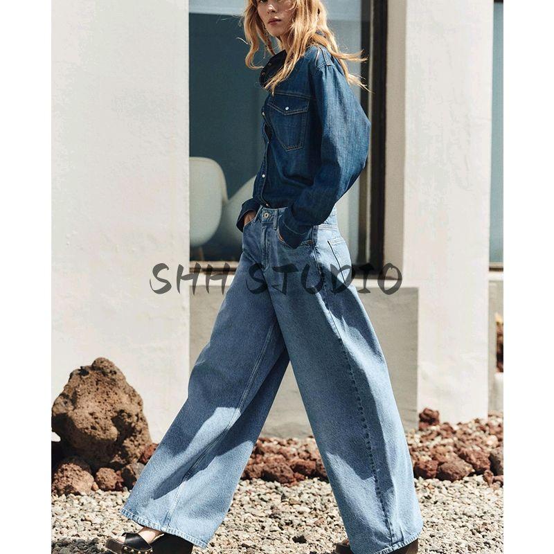 Spring New Women's Clothing Casual Single Row Multi-Buckle Retro Long Sleeves Lapel Denim Shirt Tops 7147027