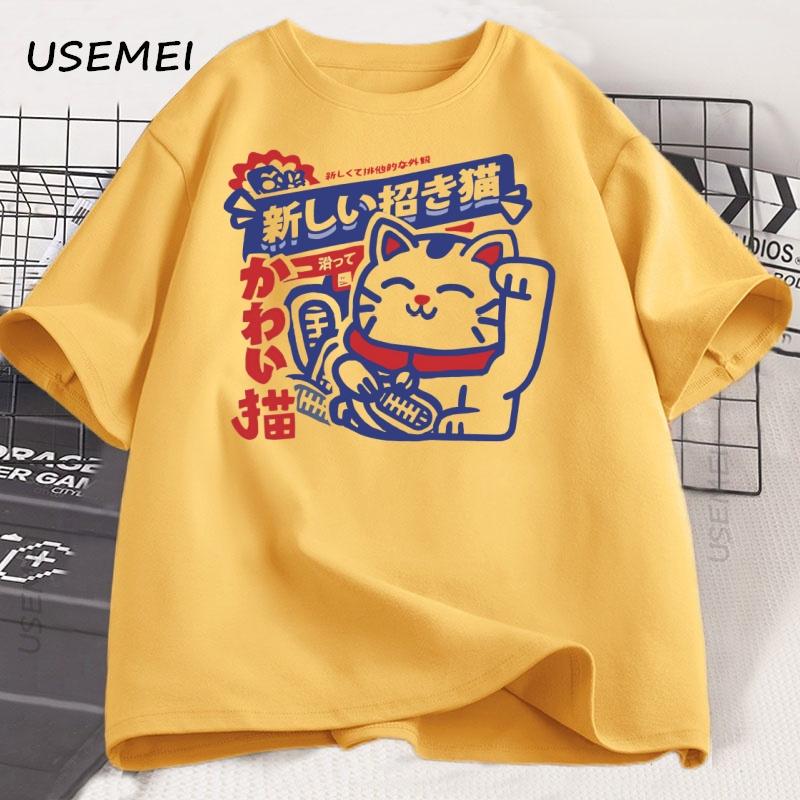 Kawaii Anime Cat Printed T-Shirt Japanese Style Cotton Tshirt Soft Breathable Round Neck Short Sleeve Tee Unisex Streetwear